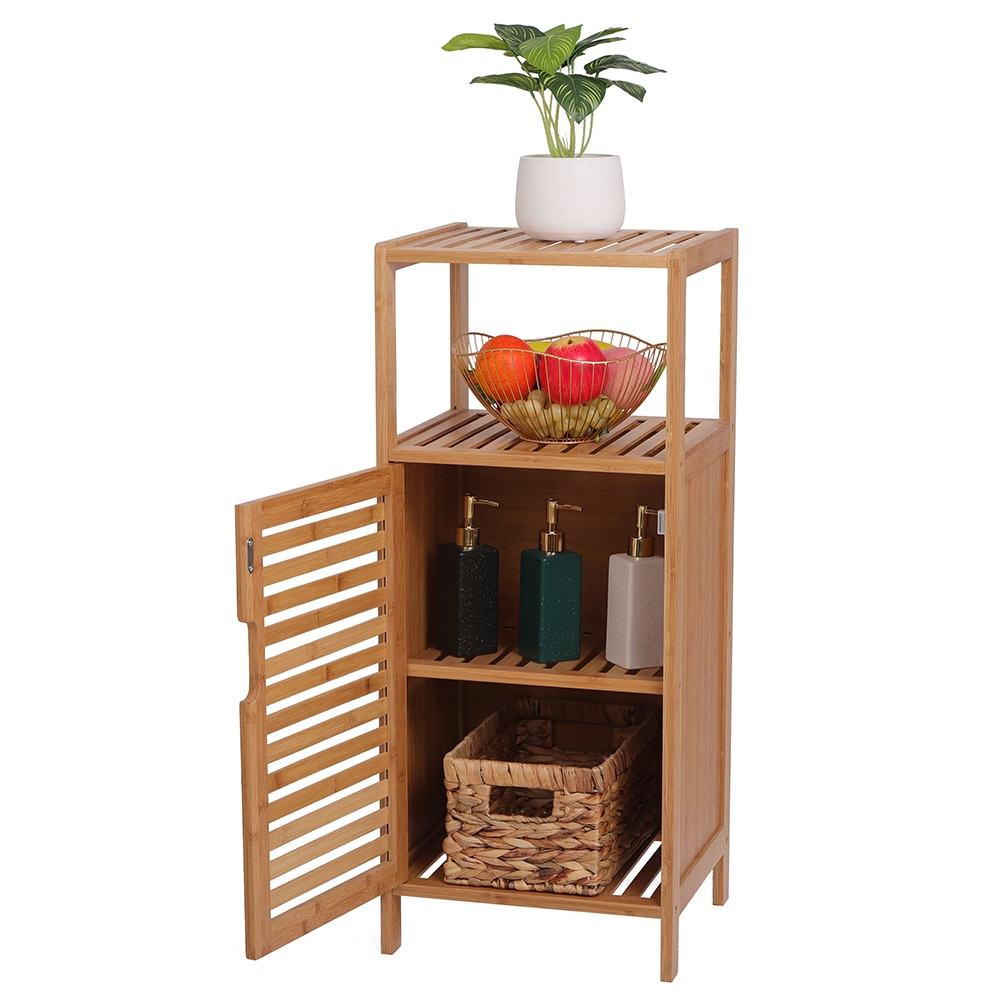 Bamboo cabinet used in a bathroom-like setting with plant and fruit bowl